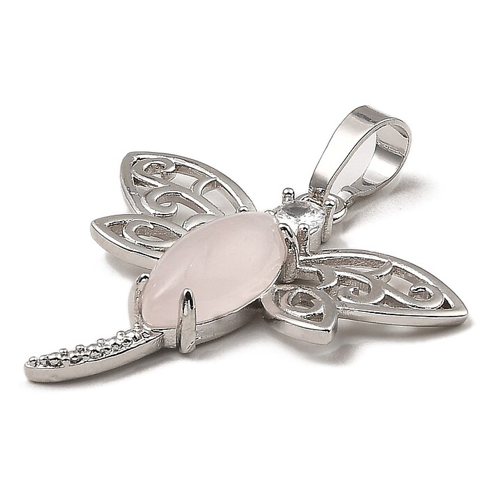 Pandantiv libelula cuart roz cu stras alb si agatatoare argintiu inchis 30x30mm