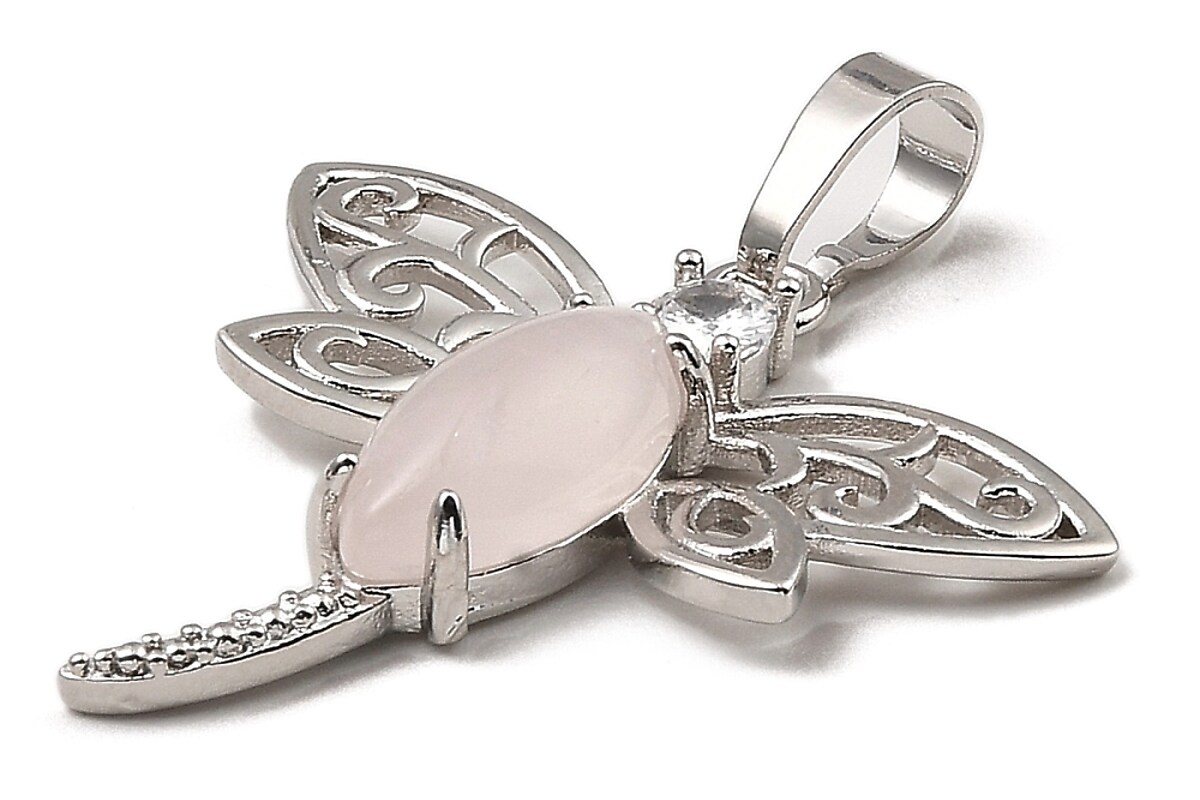 Pandantiv libelula cuart roz cu stras alb si agatatoare argintiu inchis 30x30mm