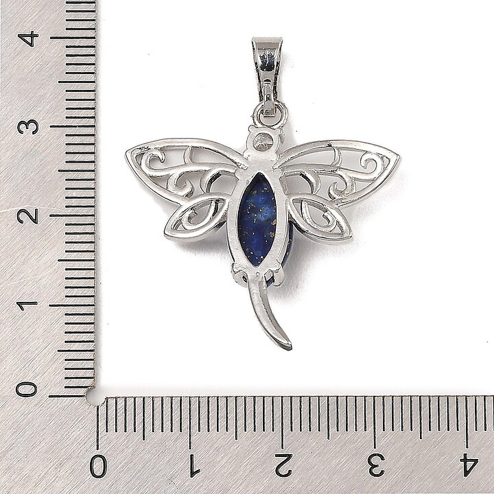Pandantiv libelula lapiz lazuli cu stras alb si agatatoare argintiu inchis 30x30mm