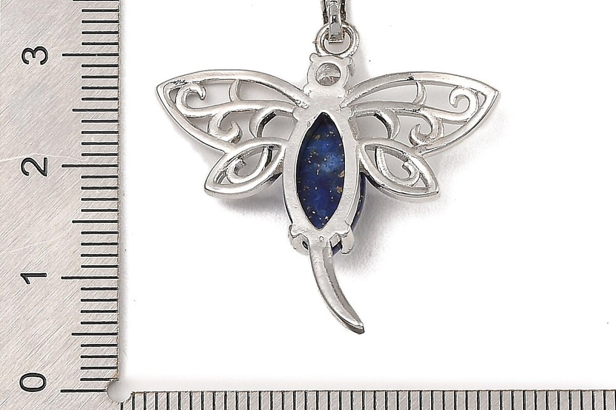 Pandantiv libelula lapiz lazuli cu stras alb si agatatoare argintiu inchis 30x30mm