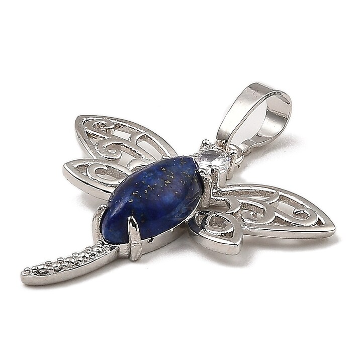 Pandantiv libelula lapiz lazuli cu stras alb si agatatoare argintiu inchis 30x30mm