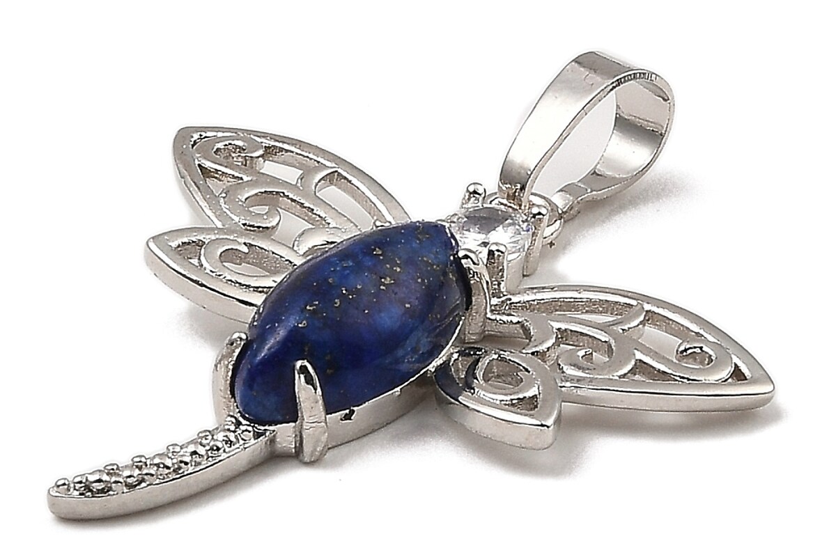 Pandantiv libelula lapiz lazuli cu stras alb si agatatoare argintiu inchis 30x30mm