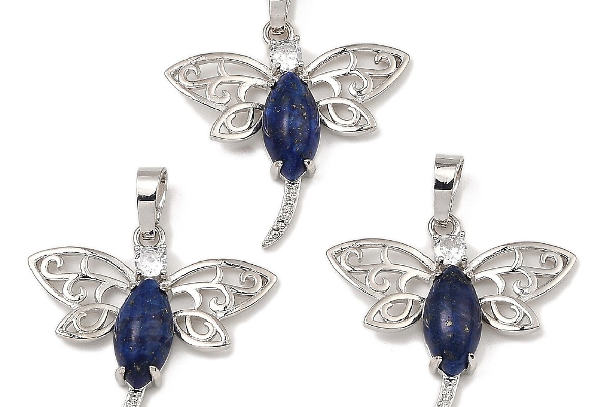 Pandantiv libelula lapiz lazuli cu stras alb si agatatoare argintiu inchis 30x30mm