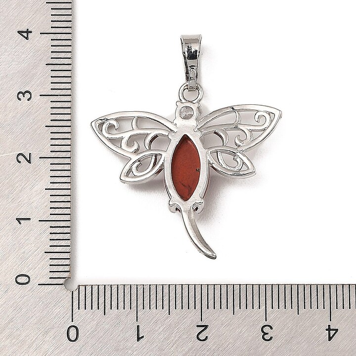 Pandantiv libelula jasp rosu cu stras alb si agatatoare argintiu inchis 30x30mm