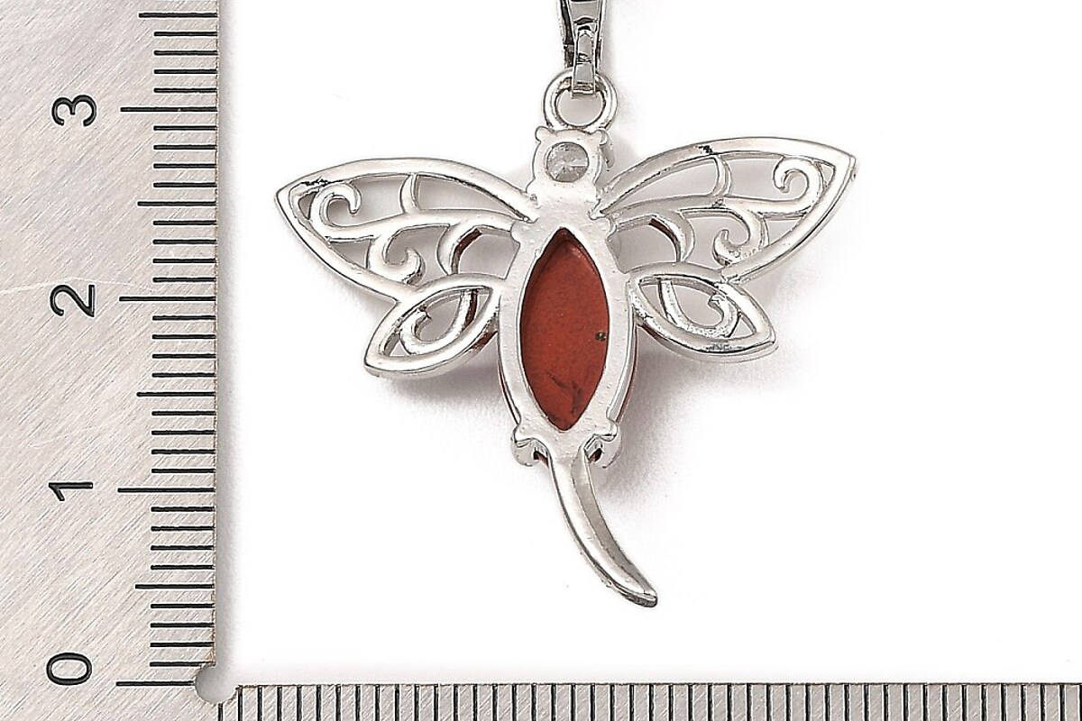 Pandantiv libelula jasp rosu cu stras alb si agatatoare argintiu inchis 30x30mm