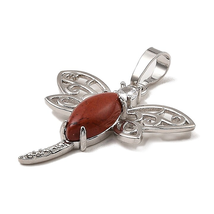 Pandantiv libelula jasp rosu cu stras alb si agatatoare argintiu inchis 30x30mm
