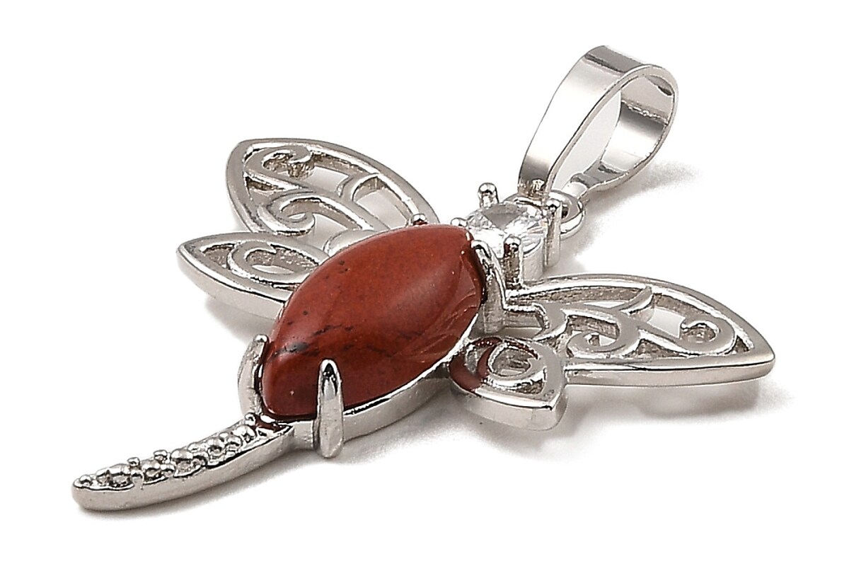 Pandantiv libelula jasp rosu cu stras alb si agatatoare argintiu inchis 30x30mm