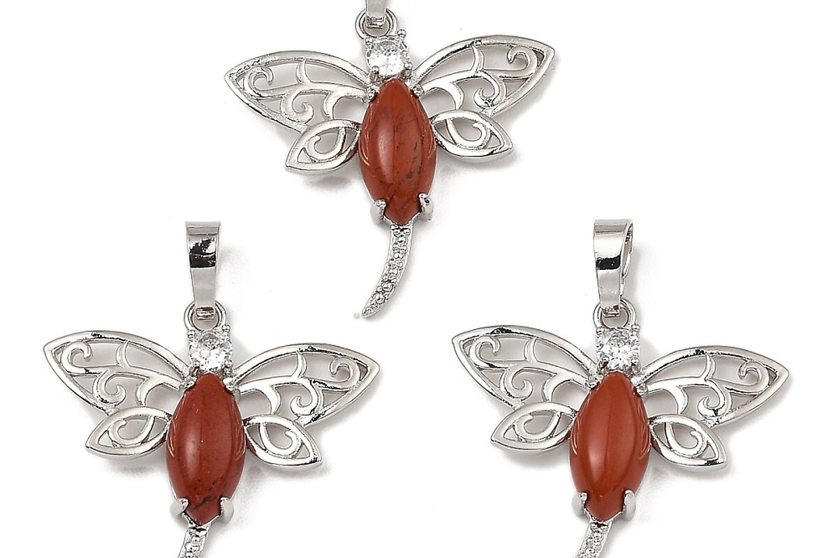 Pandantiv libelula jasp rosu cu stras alb si agatatoare argintiu inchis 30x30mm