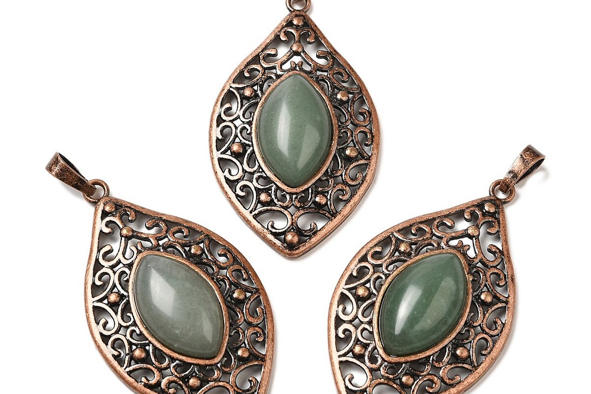 Pandantiv aventurin verde in montura cupru lacrima 48x28x7,5mm