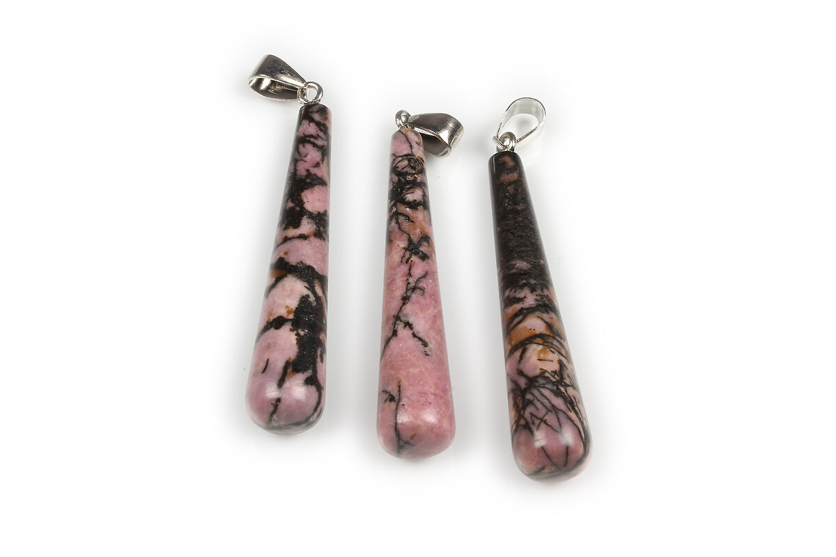 Pandantiv lacrima rodonit cu agatatoare argintiu inchis 59x10mm