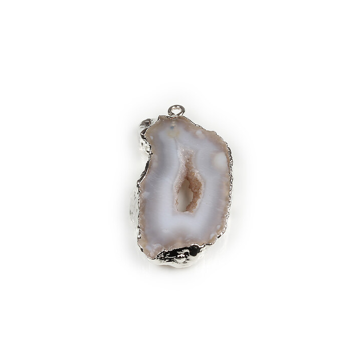 Pandantiv agata druzy gri in  montura argintie 37x20mm