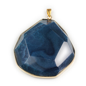 Pandantiv agata crackle fatetata albastra in montura aurie 65x55mm