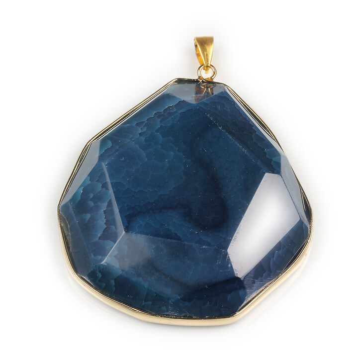 Pandantiv agata crackle fatetata albastra in montura aurie 65x55mm