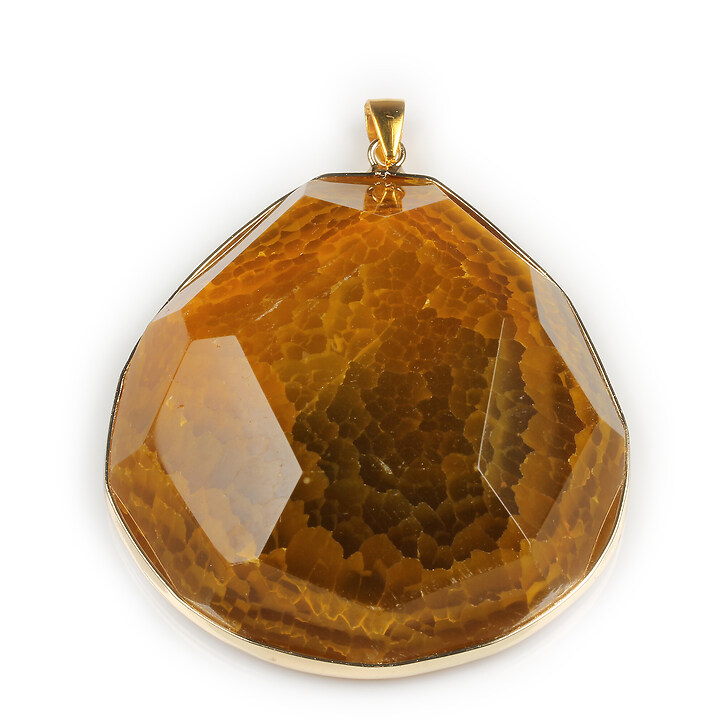 Pandantiv agata crackle fatetata galbena in montura aurie 65x55mm