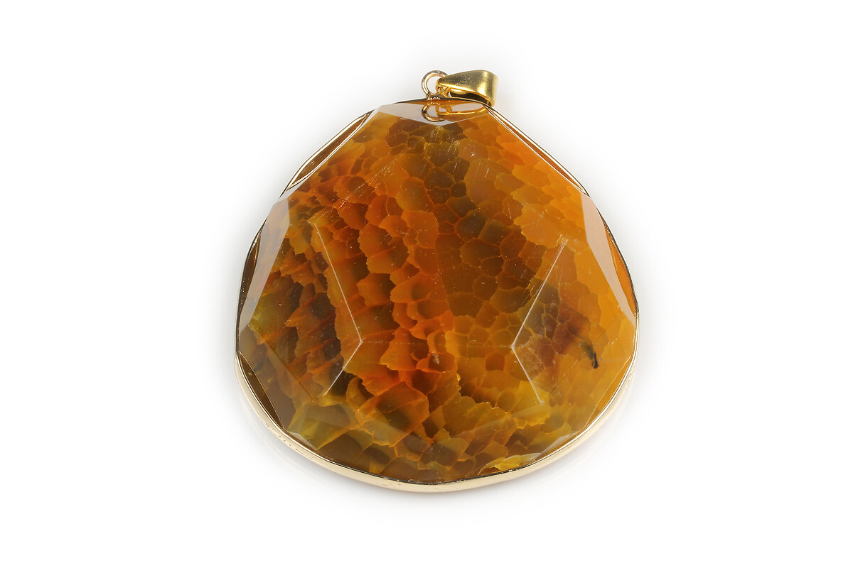 Pandantiv agata crackle fatetata galbena in montura aurie 65x55mm