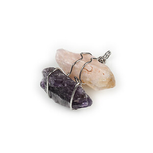 Pandantiv cu pietre neslefuite de ametist si cuart galben in montura argintiu inchis 40x33mm