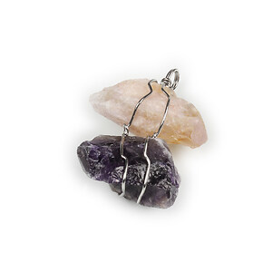 Pandantiv cu pietre neslefuite de ametist si cuart galben in montura argintiu inchis 48x34mm