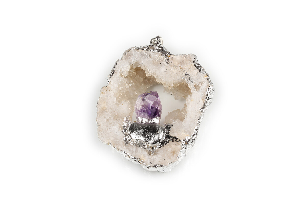 Pandantiv Druzy Agata cu ametist in montura argintie 52x41mm