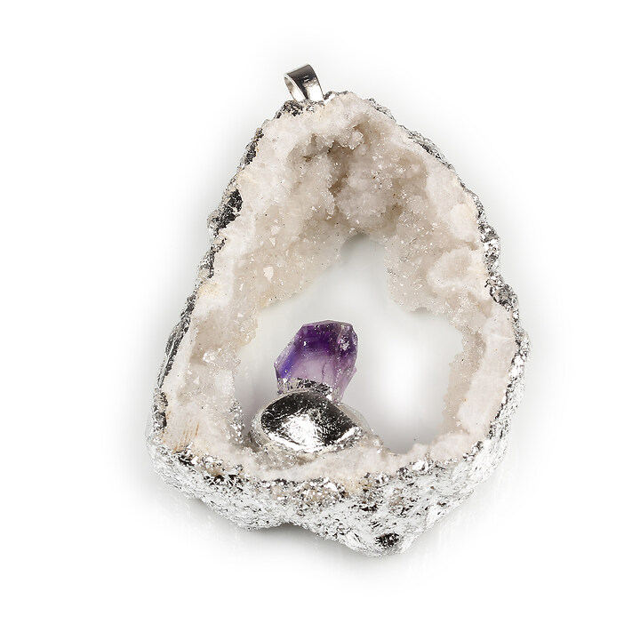 Pandantiv Druzy Agata cu ametist in montura argintie 57x42mm