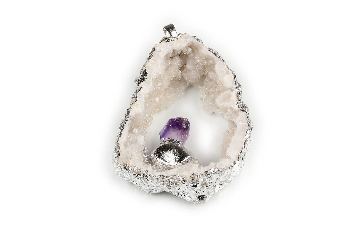 Pandantiv Druzy Agata cu ametist in montura argintie 57x42mm