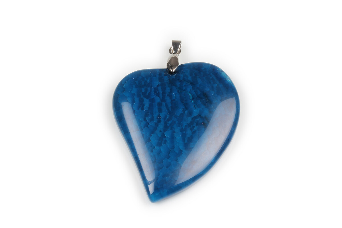 Pandantiv Agata crackle inima albastra cu agatatoare argintiu inchis 52x41mm