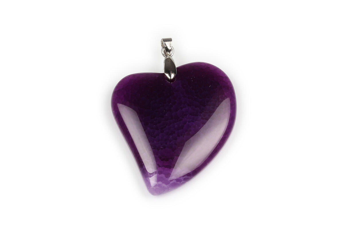 Pandantiv Agata crackle inima mov cu agatatoare argintiu inchis 52x41mm