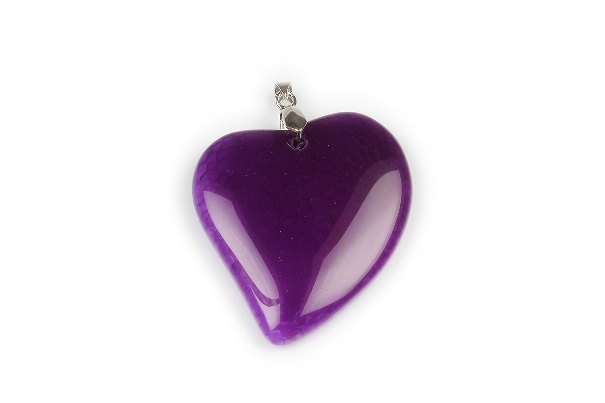 Pandantiv Agata crackle inima  mov cu agatatoare argintiu inchis 52x41mm