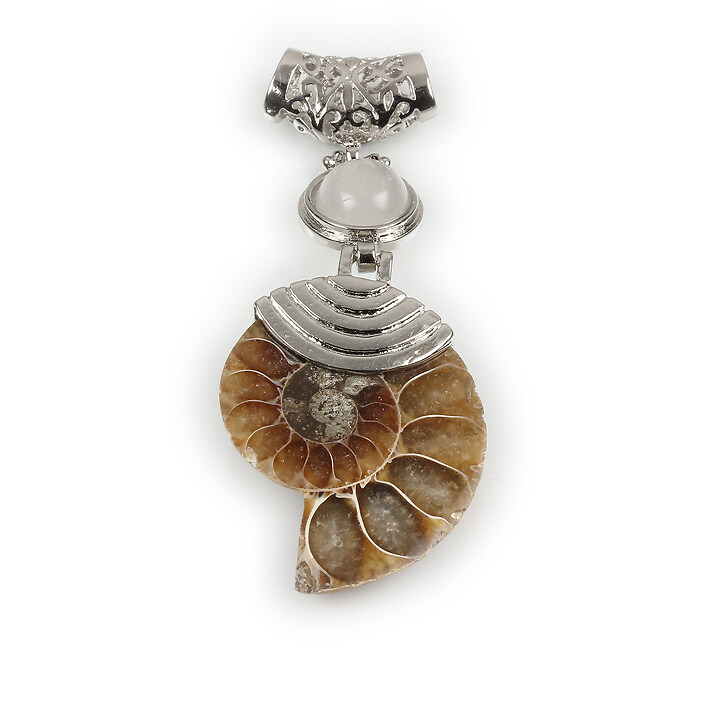 Pandantiv melc fosil si cuart de stanca cu agatatoare argintiu inchis 66x27mm