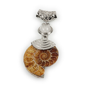 Pandantiv melc fosil si cuart de stanca cu agatatoare argintiu inchis 66x28mm
