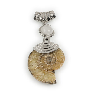 Pandantiv melc fosil si cuart de stanca cu agatatoare argintiu inchis 66x28mm