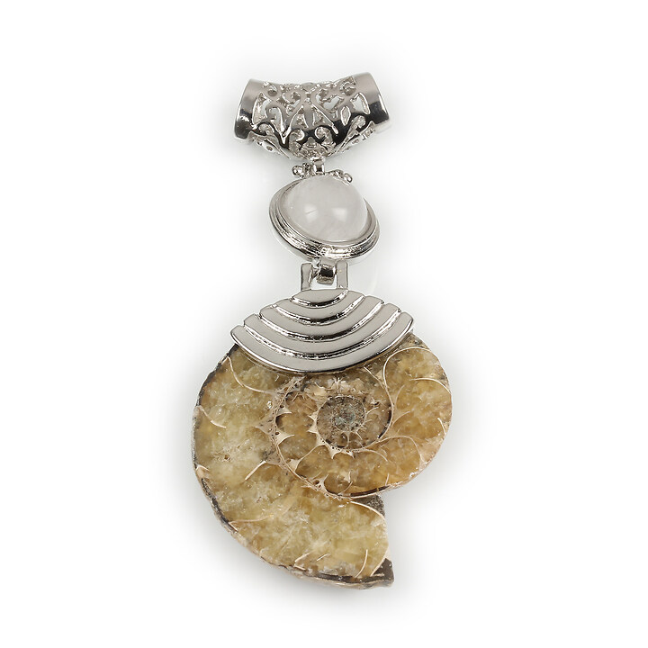 Pandantiv melc fosil si cuart de stanca cu agatatoare argintiu inchis 66x28mm