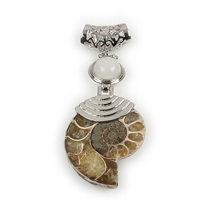 Pandantiv melc fosil si cuart de stanca cu agatatoare argintiu inchis 66x28mm