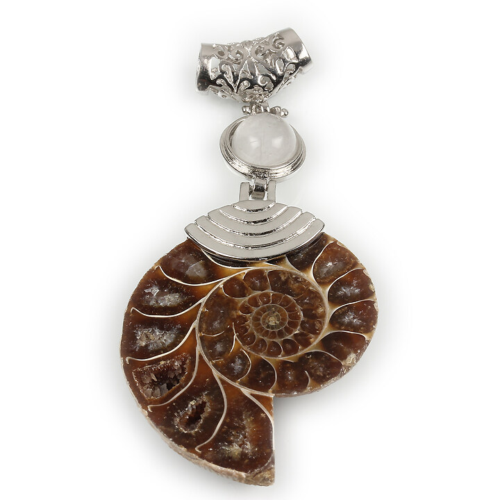 Pandantiv melc fosil si cuart de stanca cu agatatoare argintiu inchis 76x35mm