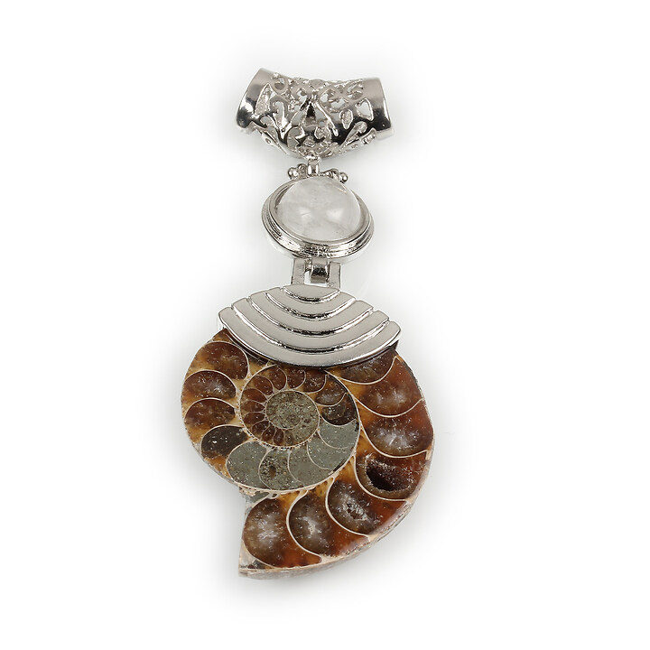 Pandantiv melc fosil si cuart de stanca cu agatatoare argintiu inchis 65x27mm