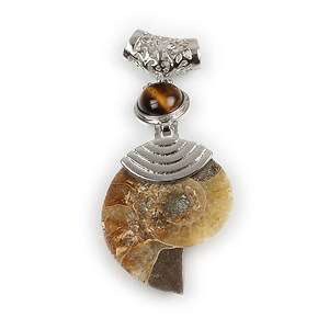 Pandantiv melc fosil si ochi de tigru cu agatatoare argintiu inchis 68x26mm
