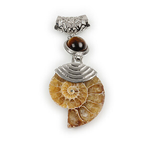 Pandantiv melc fosil si ochi de tigru cu agatatoare argintiu inchis 66x26mm
