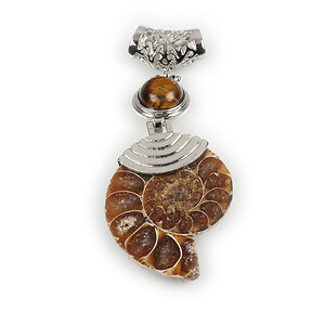 Pandantiv melc fosil si ochi de tigru cu agatatoare argintiu inchis 66x26mm