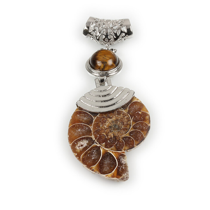 Pandantiv melc fosil si ochi de tigru cu agatatoare argintiu inchis 66x26mm