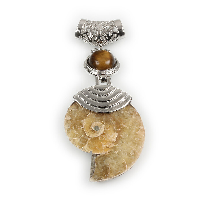 Pandantiv melc fosil si ochi de tigru cu agatatoare argintiu inchis 65x26mm