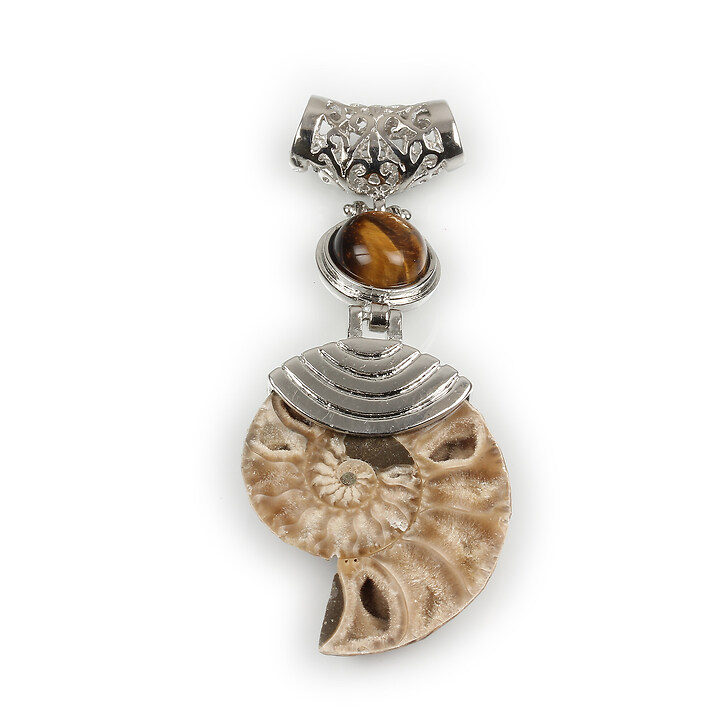 Pandantiv melc fosil si ochi de tigru cu agatatoare argintiu inchis 65x26mm