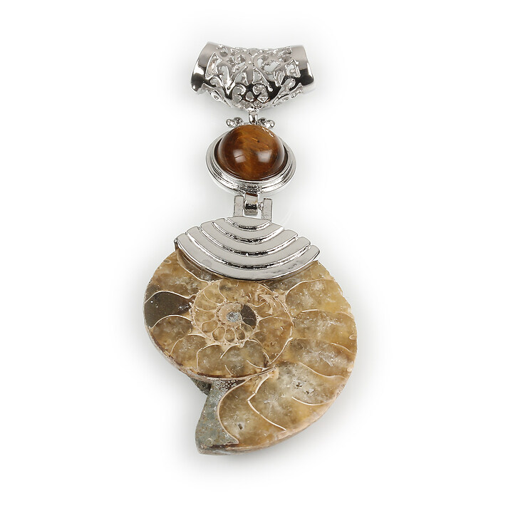 Pandantiv melc fosil si ochi de tigru cu agatatoare argintiu inchis 67x28mm