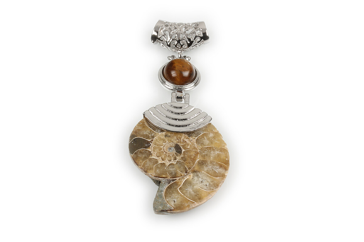 Pandantiv melc fosil si ochi de tigru cu agatatoare argintiu inchis 67x28mm