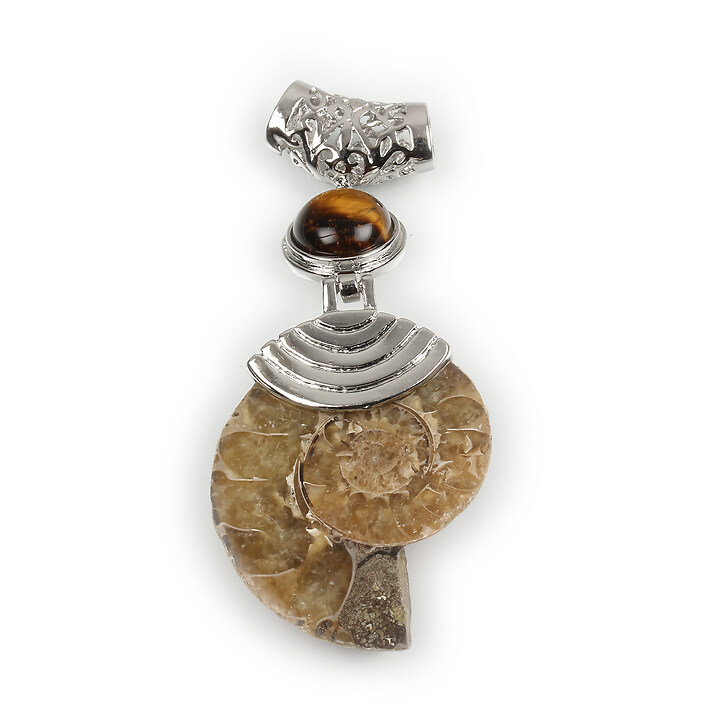 Pandantiv melc fosil si ochi de tigru cu agatatoare argintiu inchis 69x28mm