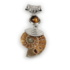 Pandantiv melc fosil si ochi de tigru cu agatatoare argintiu inchis 62x26mm