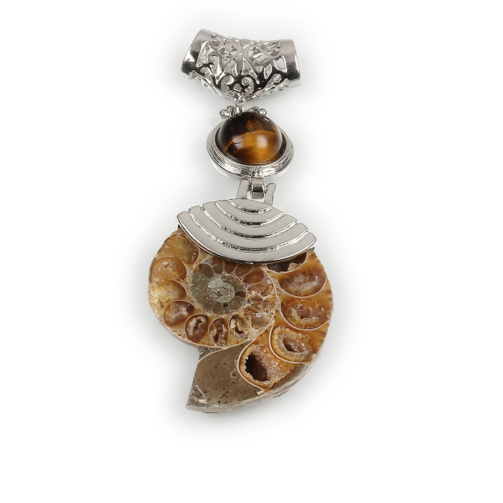 Pandantiv melc fosil si ochi de tigru cu agatatoare argintiu inchis 62x26mm