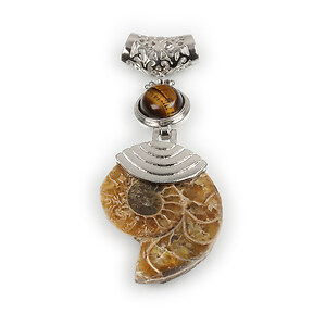 Pandantiv melc fosil si ochi de tigru cu agatatoare argintiu inchis 65x26mm