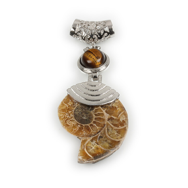 Pandantiv melc fosil si ochi de tigru cu agatatoare argintiu inchis 65x26mm