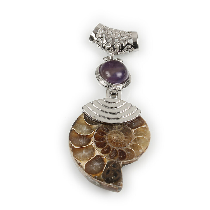 Pandantiv melc fosil si ametist cu agatatoare argintiu inchis 66x26mm