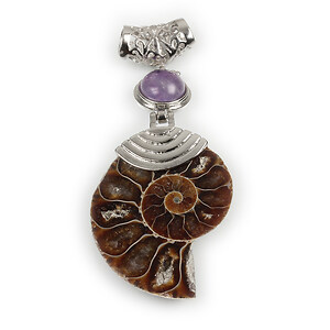 Pandantiv melc fosil si ametist cu agatatoare argintiu inchis 69x30mm