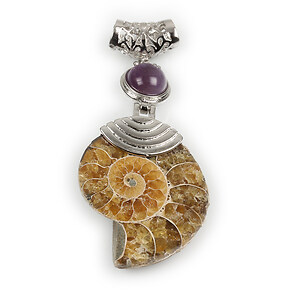 Pandantiv melc fosil si ametist cu agatatoare argintiu inchis 69x30mm